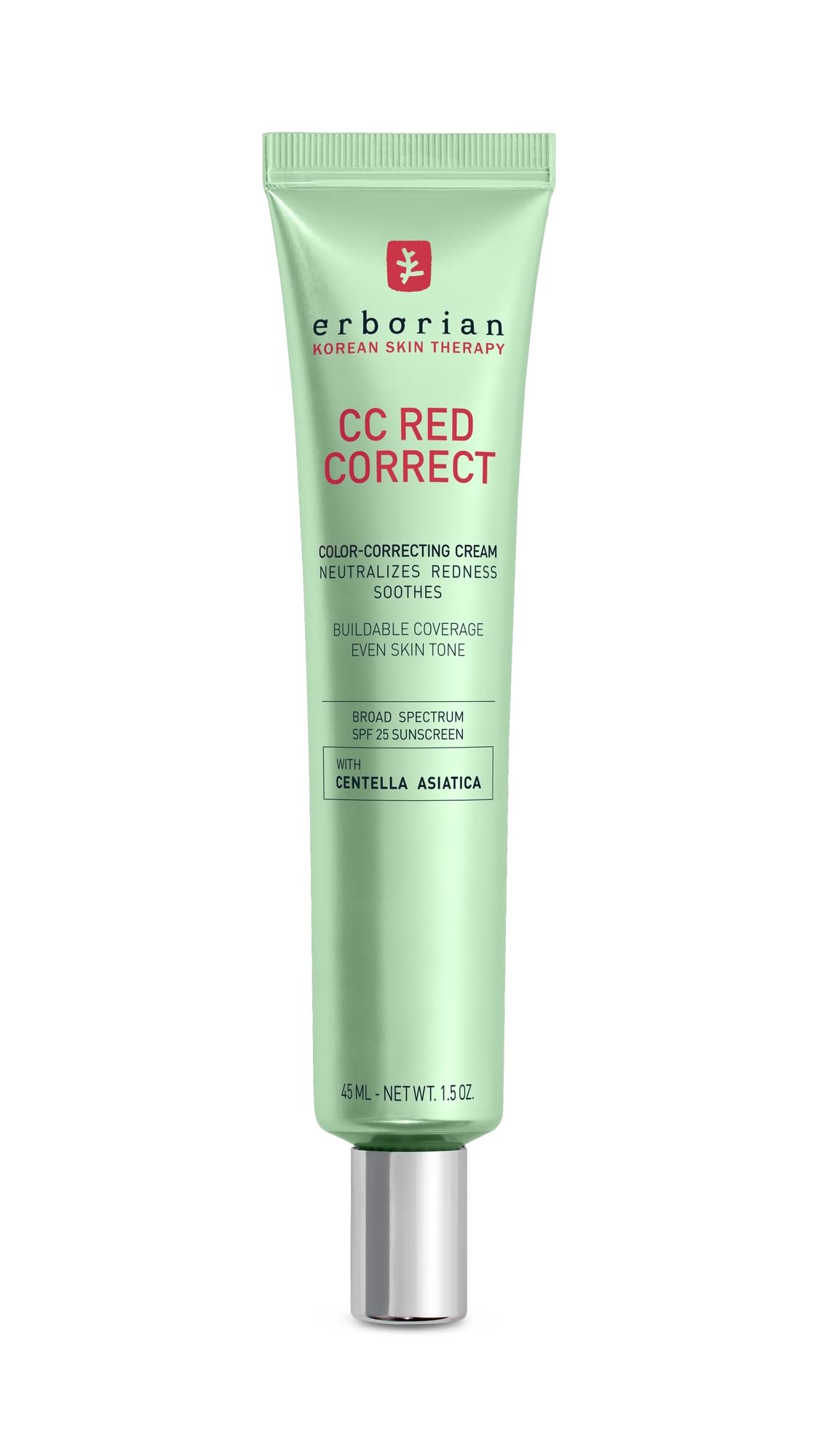 Erborian CC Red Color Correcting SPF 25 Green Pigment Cream, Neutralizes Redness, Calms Skin, Lightweight, Tone‑Perfecting Primer, Korean Skincare