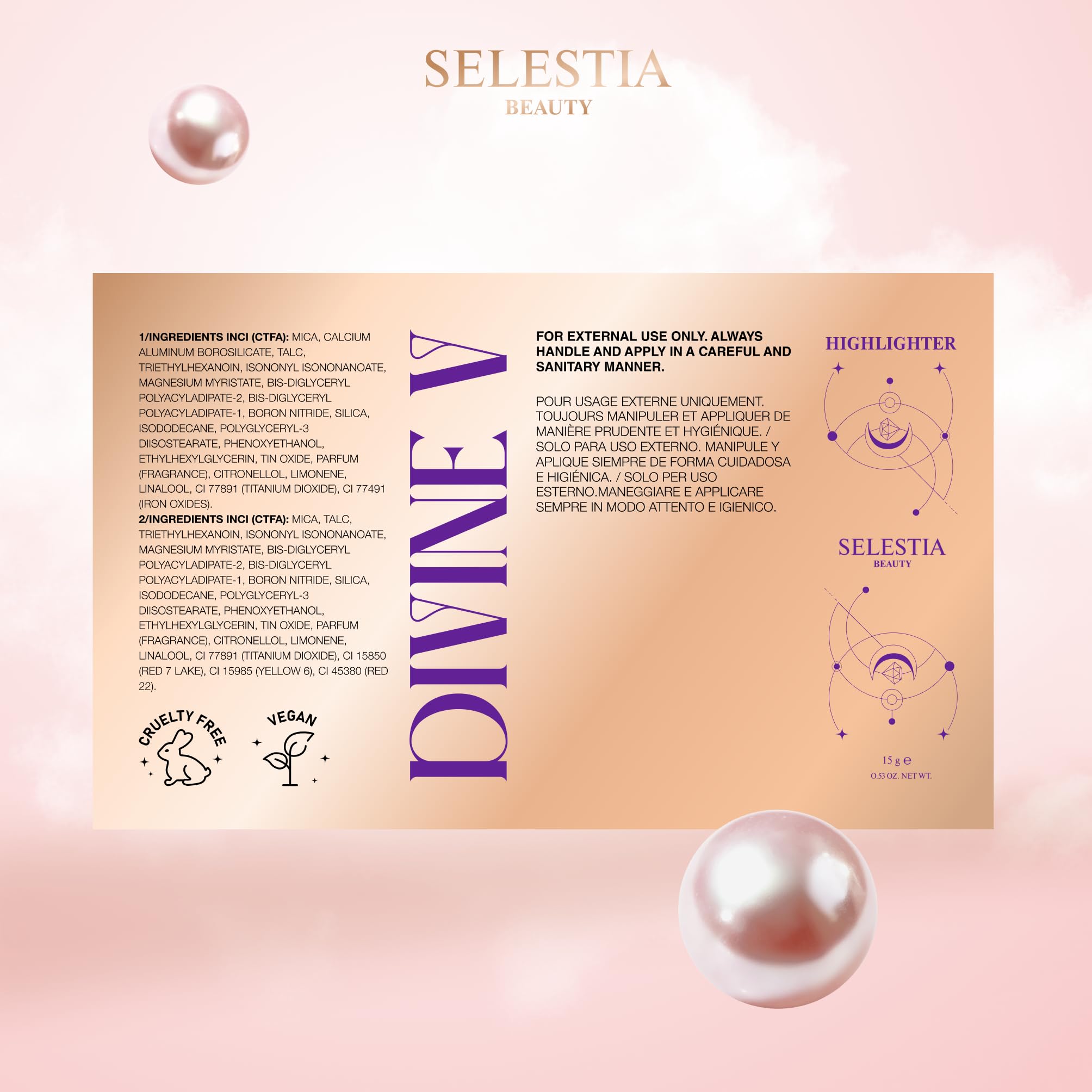 SELESTIA BEAUTY Powder Highlighter Makeup – Divine V – Radiant Glow for All Skin Tones, Easy-to-Apply, 0.53 oz