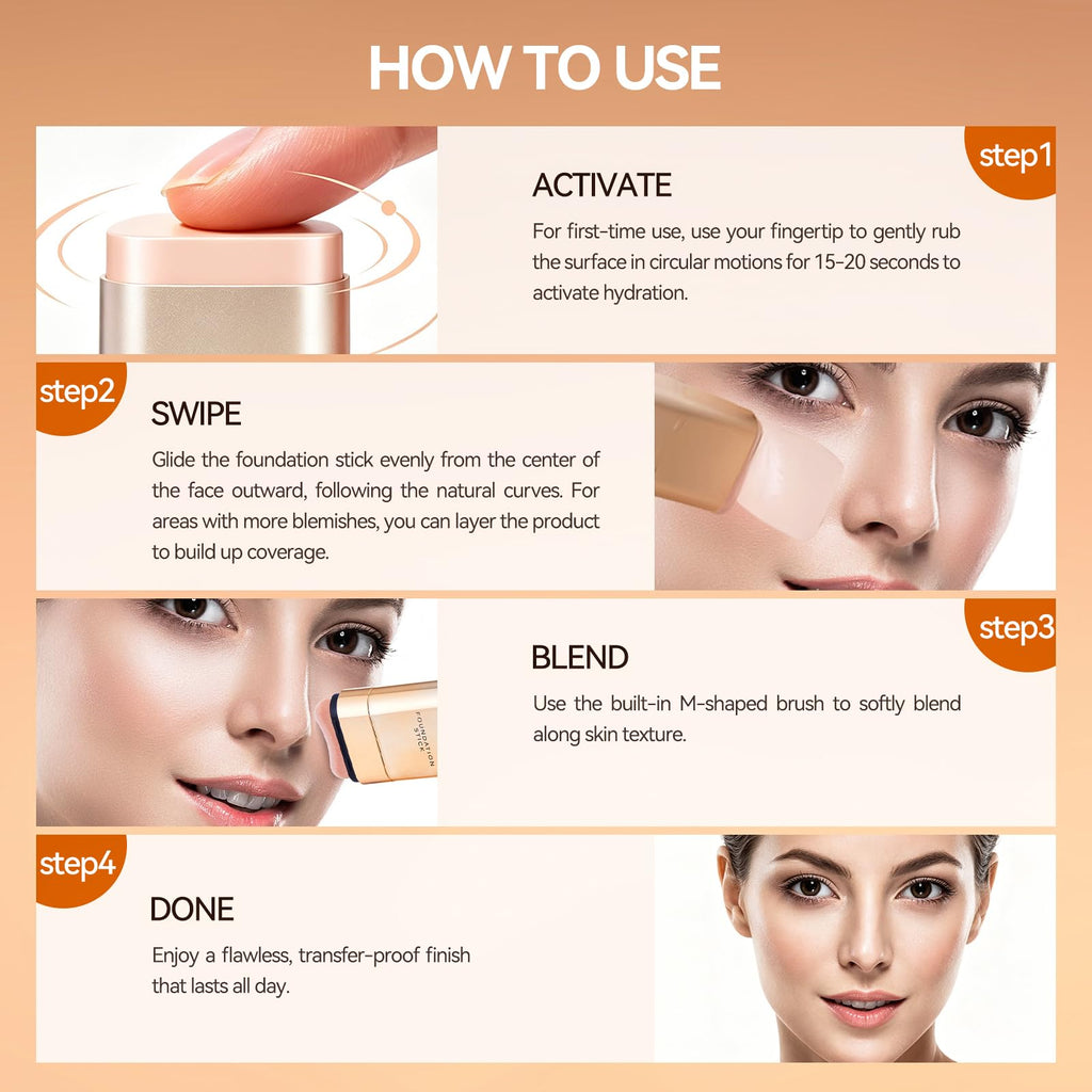 QIANWHITE Korean Foundation Stick Foundation for Mature Skin Tint, Buildable Light to Medium Coverage Foundation Makeup Concealer, Dual-Ended with Brush for All Skin - Natural Finish