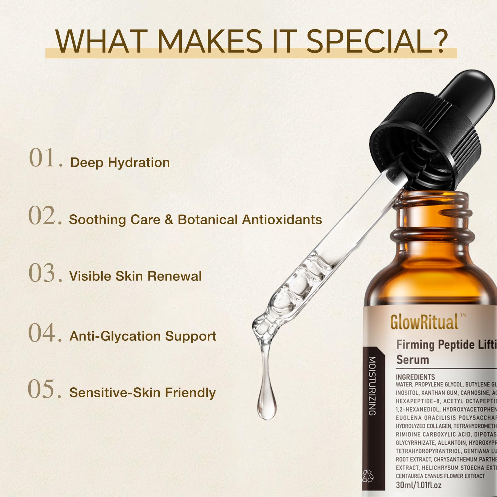GlowRitual Firming Peptide Lifting Serum – Multi-Peptide Collagen Face Serum for Firming, Smoothing Fine Lines & Deep Hydration, Lightweight Daily Serum