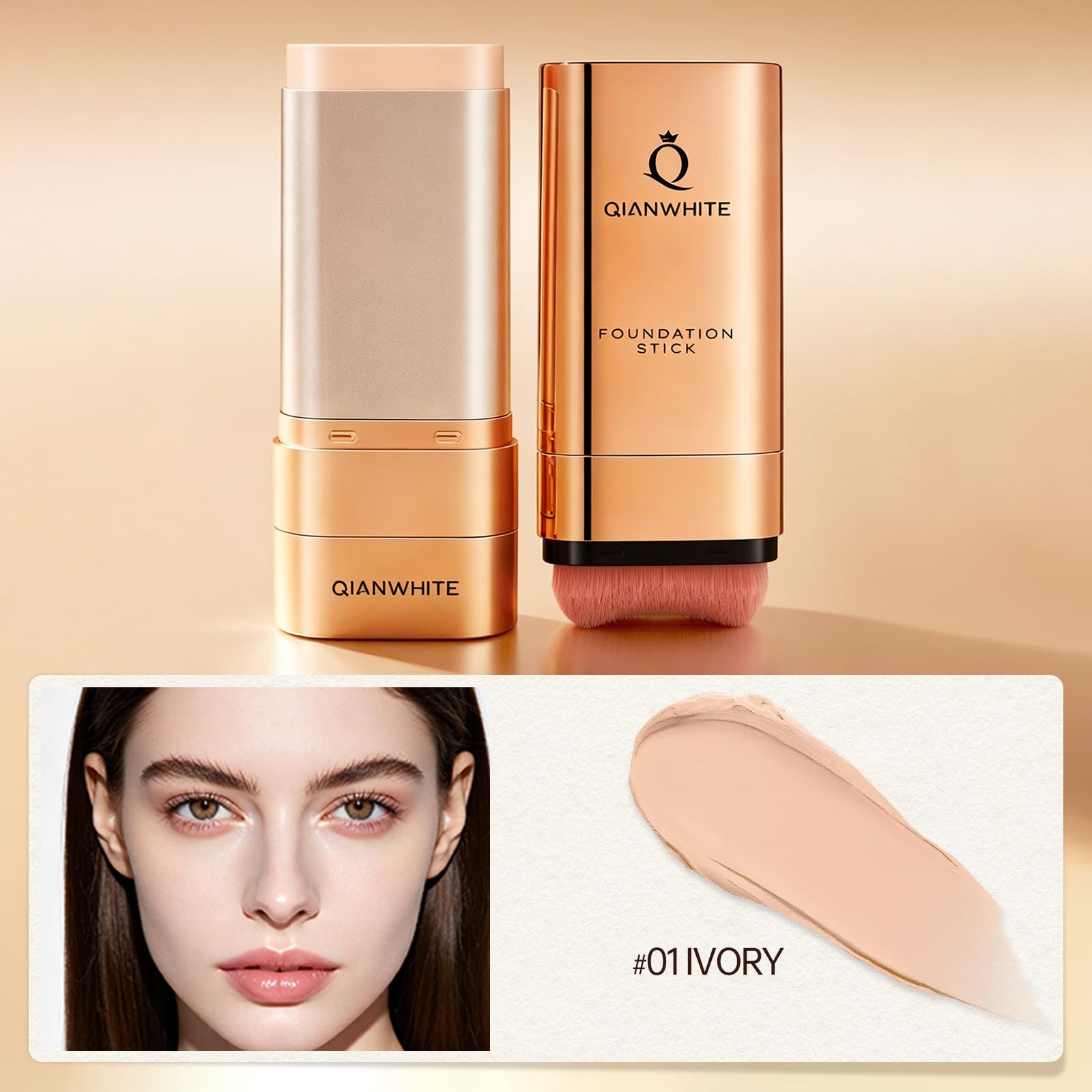 QIANWHITE Korean Foundation Stick Foundation for Mature Skin Tint, Buildable Light to Medium Coverage Foundation Makeup Concealer, Dual-Ended with Brush for All Skin - Natural Finish