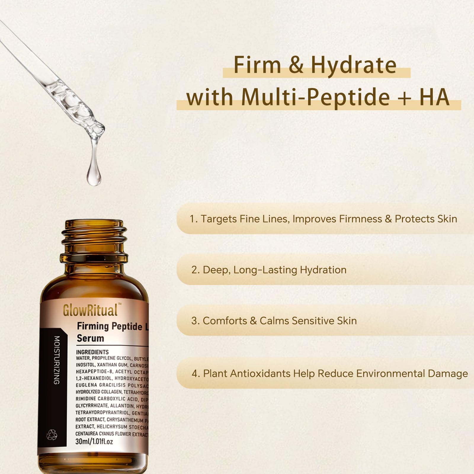 GlowRitual Firming Peptide Lifting Serum – Multi-Peptide Collagen Face Serum for Firming, Smoothing Fine Lines & Deep Hydration, Lightweight Daily Serum