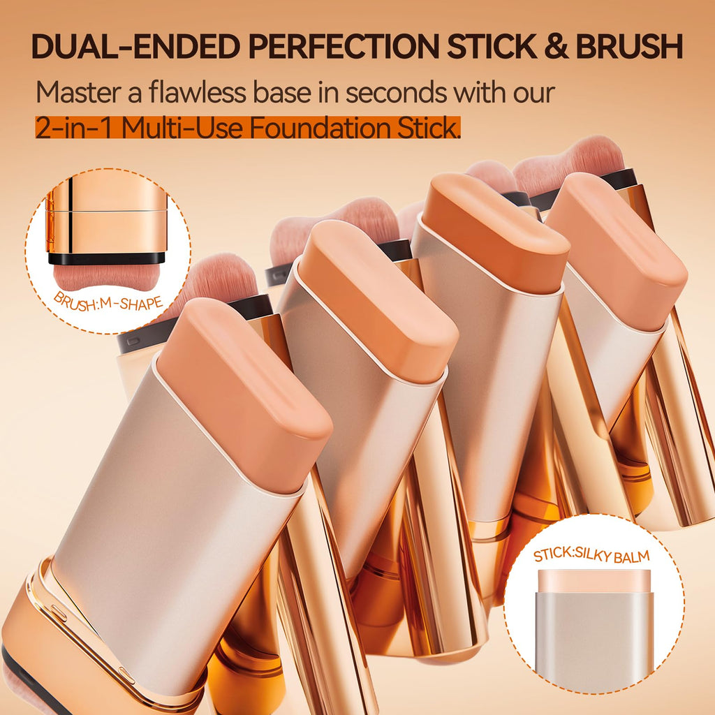 QIANWHITE Korean Foundation Stick Foundation for Mature Skin Tint, Buildable Light to Medium Coverage Foundation Makeup Concealer, Dual-Ended with Brush for All Skin - Natural Finish