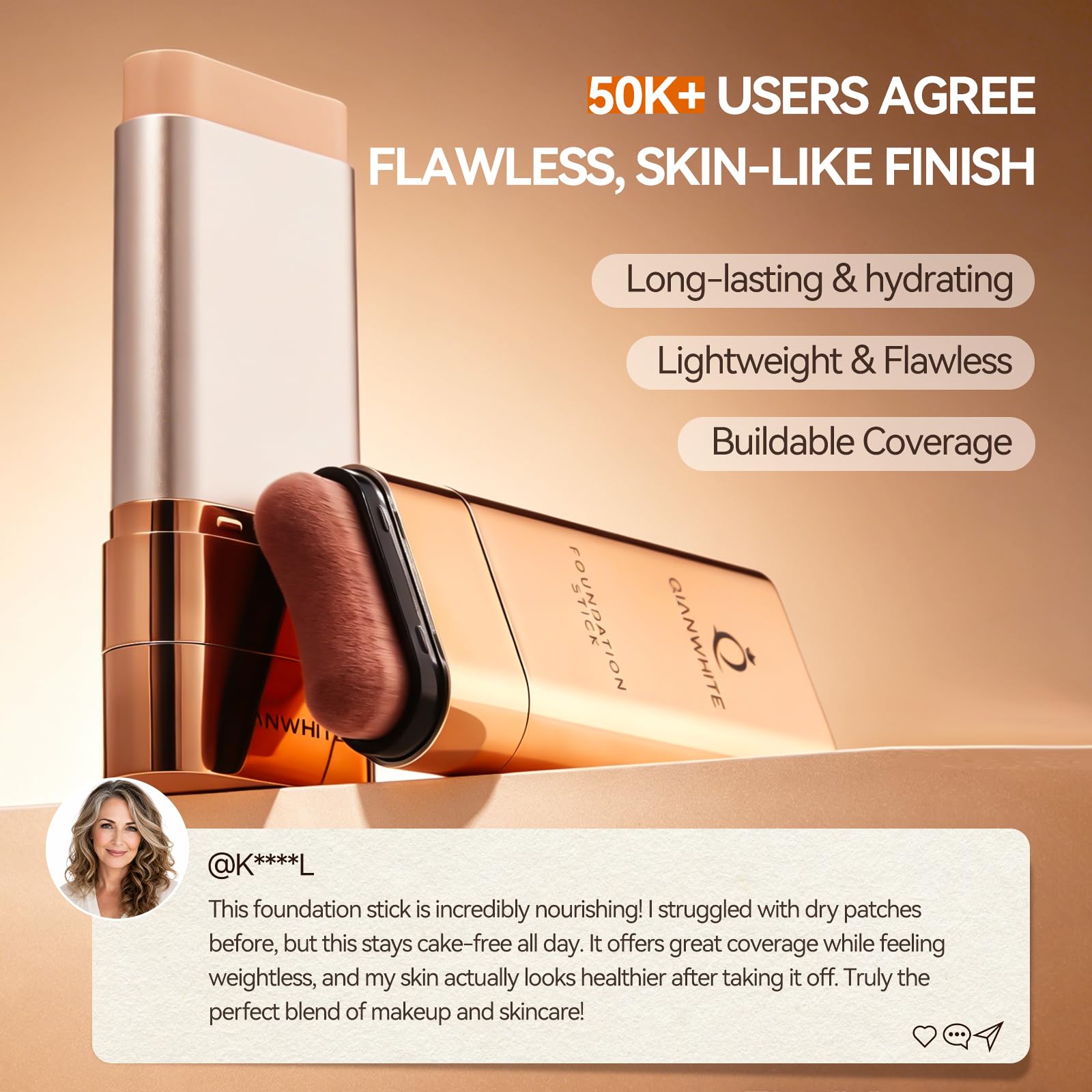 QIANWHITE Korean Foundation Stick Foundation for Mature Skin Tint, Buildable Light to Medium Coverage Foundation Makeup Concealer, Dual-Ended with Brush for All Skin - Natural Finish