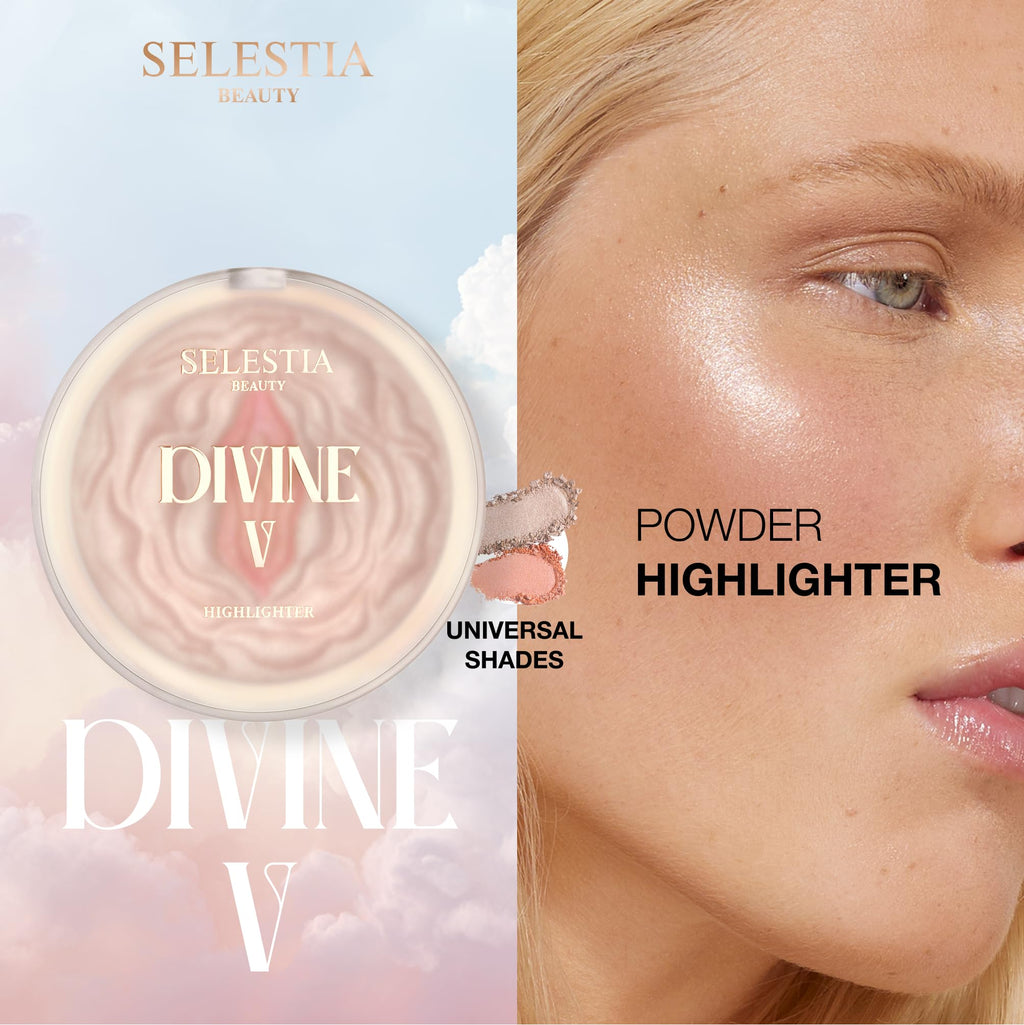 SELESTIA BEAUTY Powder Highlighter Makeup – Divine V – Radiant Glow for All Skin Tones, Easy-to-Apply, 0.53 oz