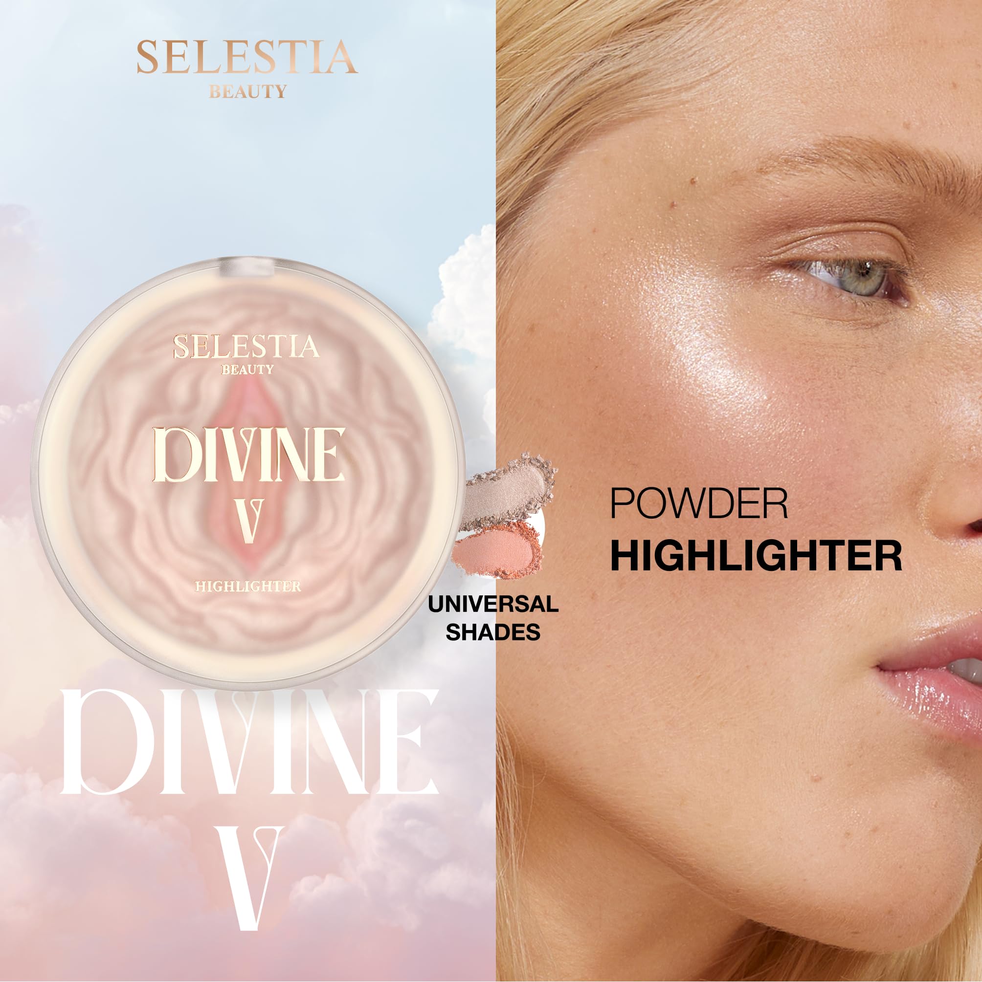 SELESTIA BEAUTY Powder Highlighter Makeup – Divine V – Radiant Glow for All Skin Tones, Easy-to-Apply, 0.53 oz