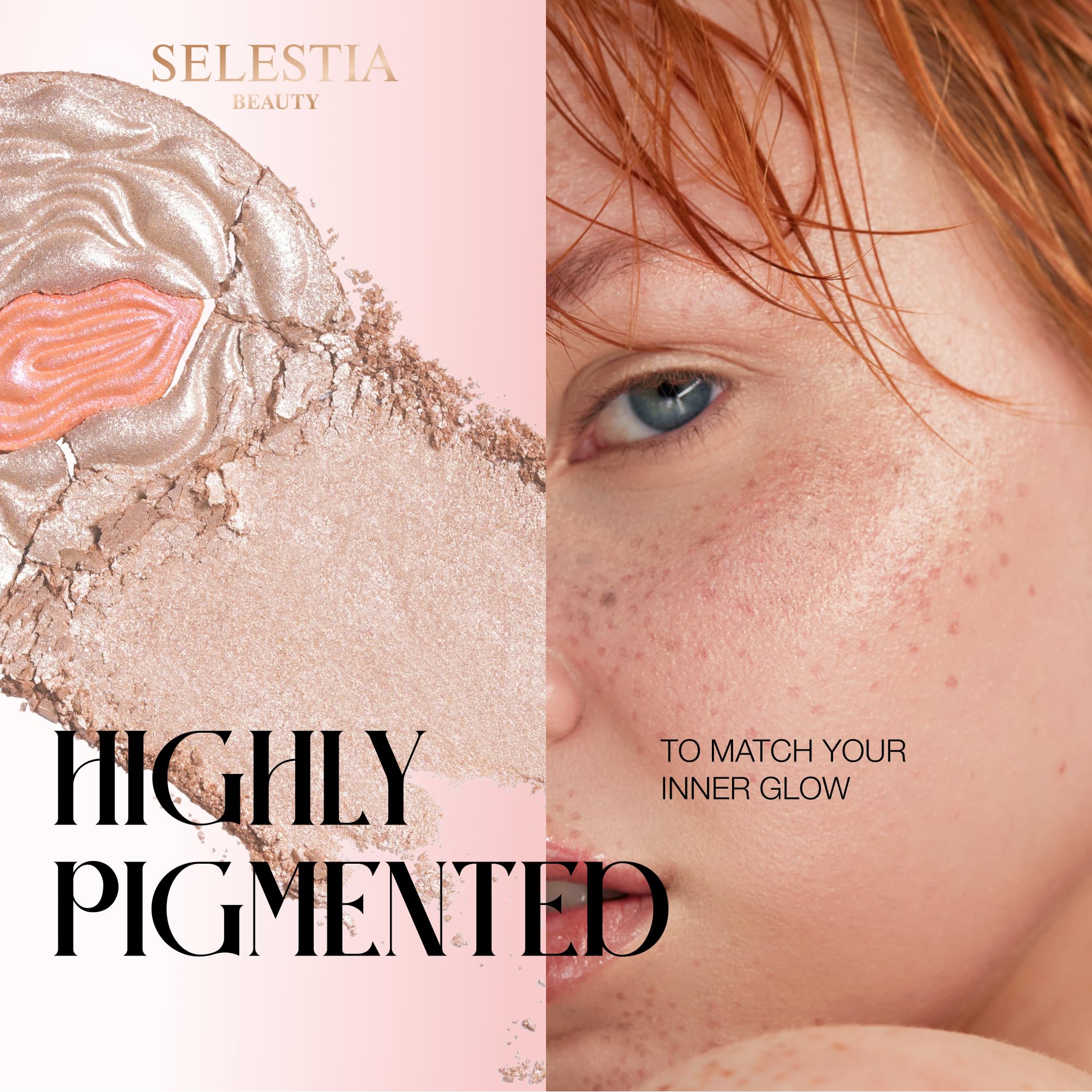 SELESTIA BEAUTY Powder Highlighter Makeup – Divine V – Radiant Glow for All Skin Tones, Easy-to-Apply, 0.53 oz